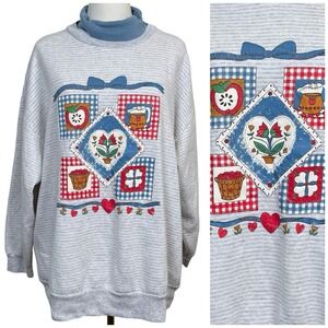 Vintage Separate Issue Sweatshirt  XL Gray Cottagecore Mock Neck Hearts 80s